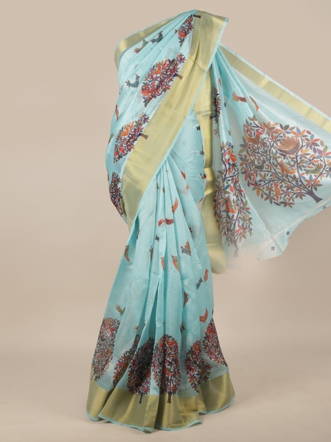 

Pothys Blue & Gold-Toned Floral Zari Saree