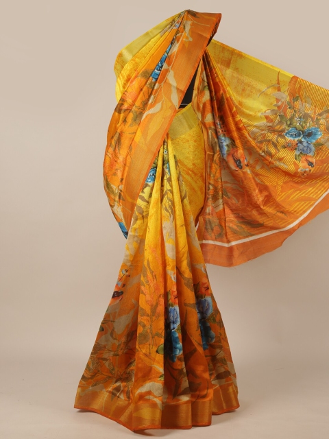 

Pothys Mustard & Blue Cotton Blend Floral Zari Saree