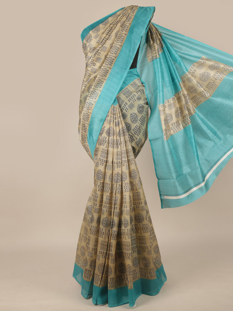 

Pothys Cream-Coloured & Blue Ethnic Motifs Printed Saree