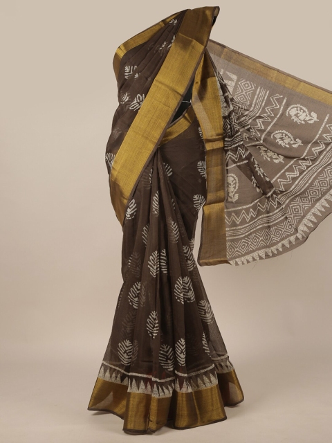 

Pothys Brown & White Ethnic Motifs Printed Zari Saree