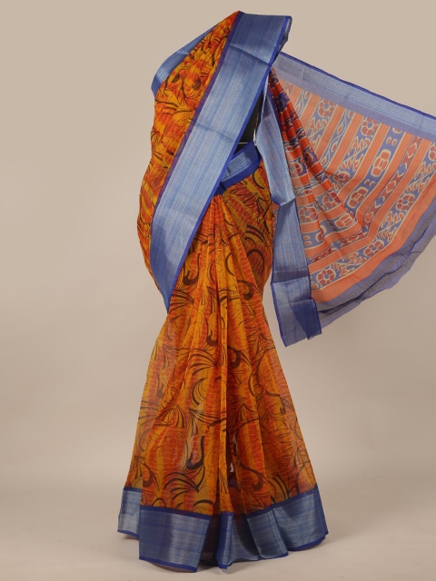 

Pothys Mustard & Blue Printed Cotton Blend Saree