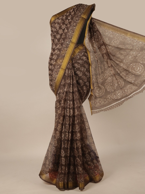 

Pothys Brown & Gold-Toned Ethnic Motifs Printed Zari Saree
