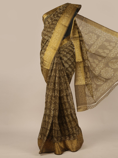 

Pothys Olive Green & Gold-Toned Ethnic Motifs Saree