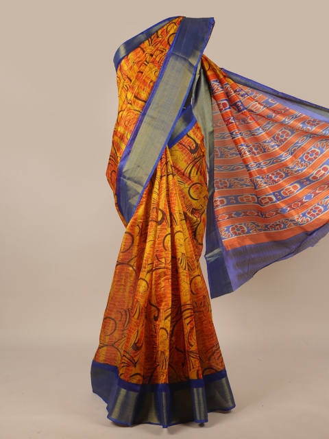 

Pothys Mustard & Blue Printed Cotton Blend Saree