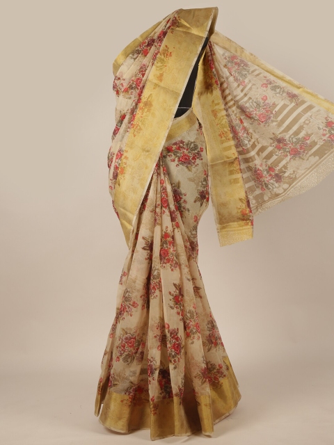 

Pothys Cream-Coloured & Red Floral Printed Zari Saree