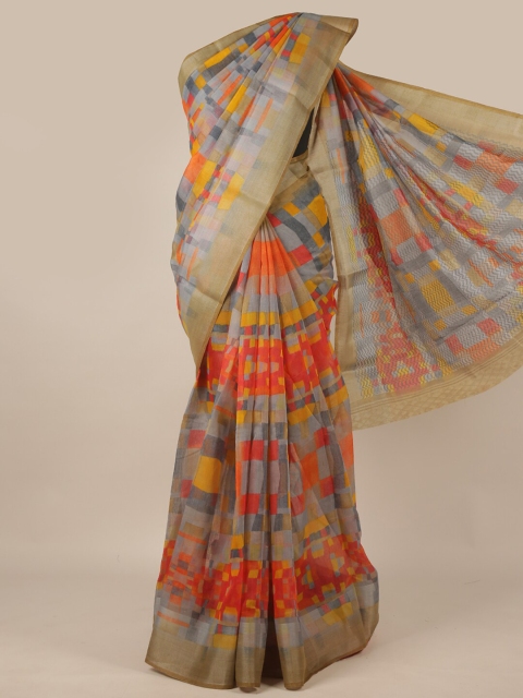 

Pothys Grey & Orange Geometric Printed Zari Saree
