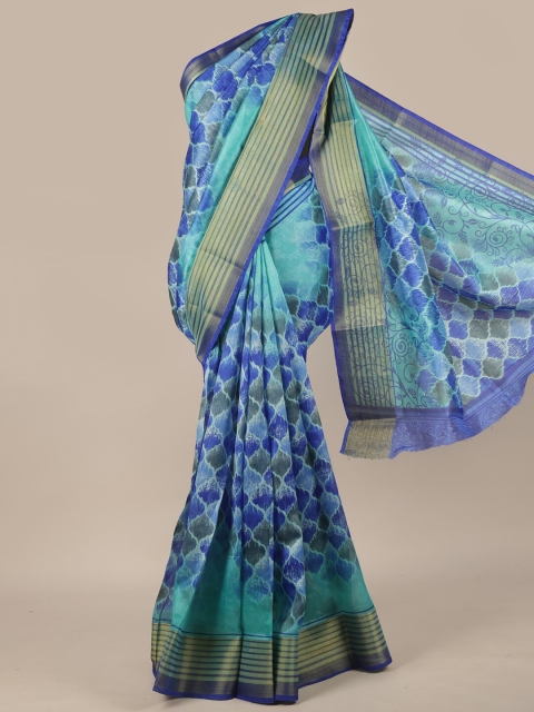 

Pothys Blue & Gold-Toned Ethnic Motifs Printed Zari Saree