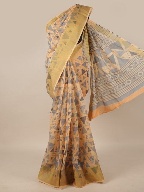 

Pothys Peach-Coloured & Gold-Toned Cotton Blend Zari Saree