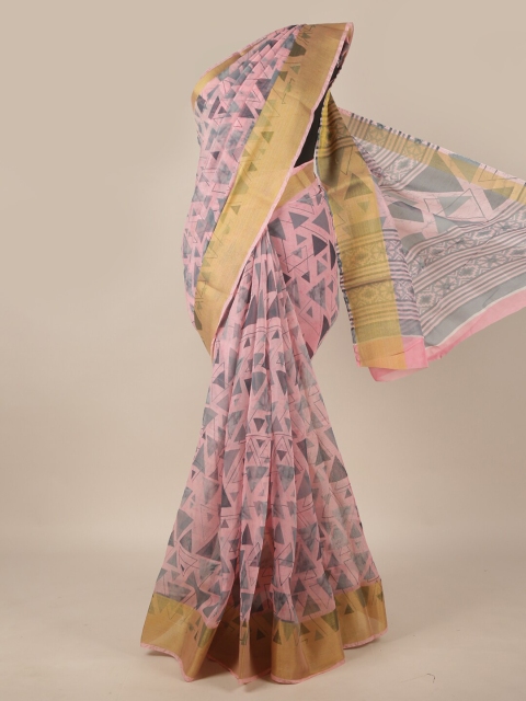 

Pothys Pink & Grey Zari Cotton Blend Saree