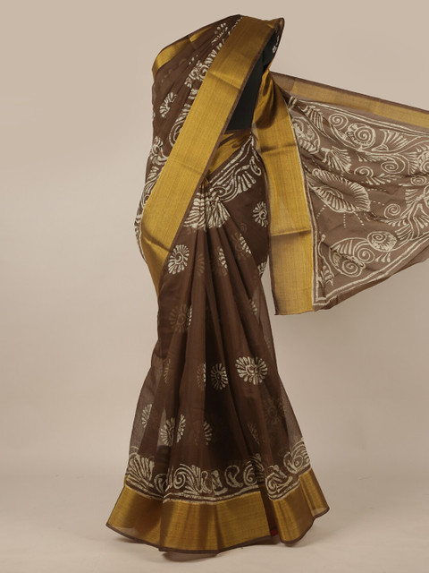 

Pothys Brown & Off White Ethnic Motifs Printed Zari Saree