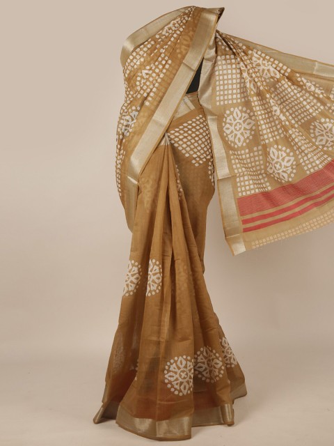 

Pothys Brown & White Ethnic Motifs Printed Zari Saree