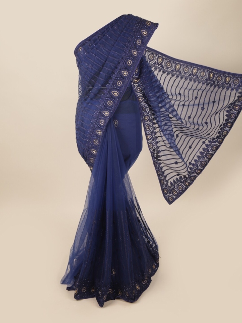 

Pothys Navy Blue & Gold-Coloured Embellished Beads and Stones Net Saree