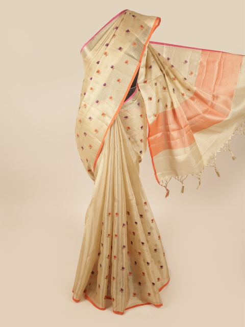 

Pothys Cream-Coloured & Orange Floral Tissue Saree