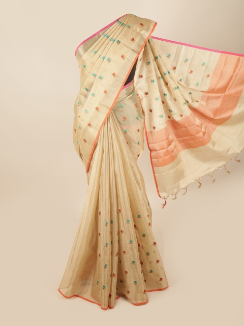 

Pothys Gold-Toned & Orange Floral Embroidered Tissue Saree