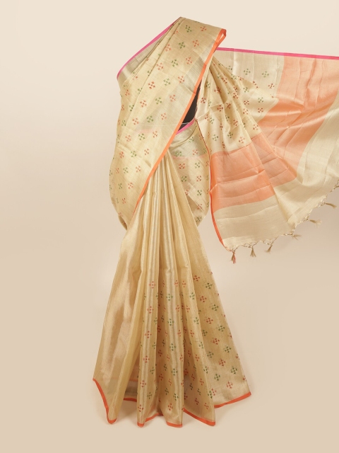

Pothys Gold-Toned & Green Floral Embroidered Tissue Saree
