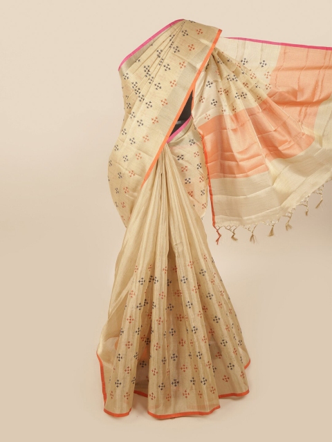 

Pothys Gold-Toned & Orange Ethnic Motifs Embroidered Tissue Saree