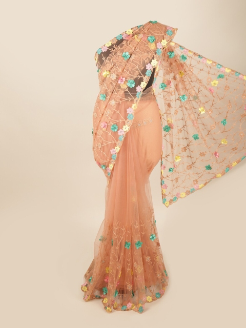 

Pothys Peach-Coloured & Teal Floral Embroidered Applique Detail Net Saree