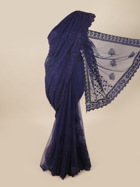 

Pothys Navy Blue Floral Embroidered Net Saree