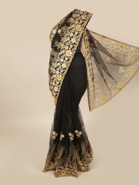 

Pothys Black & Cream-Coloured Floral Embroidered Net Heavy Work Saree
