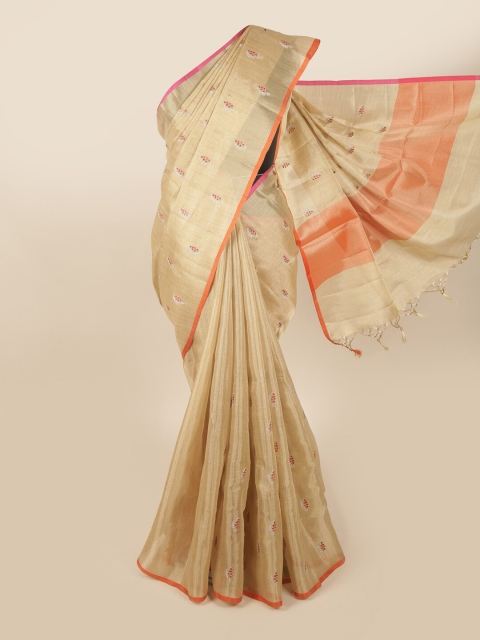

Pothys Gold-Toned & Orange Floral Embroidered Tissue Saree