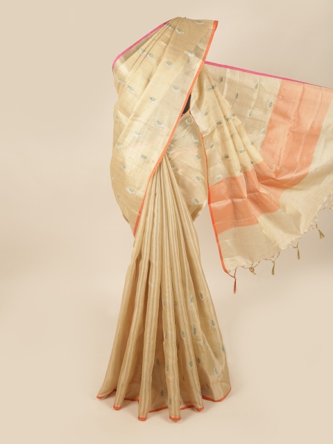 

Pothys Gold-Toned & Orange Ethnic Motifs Embroidered Tissue Saree