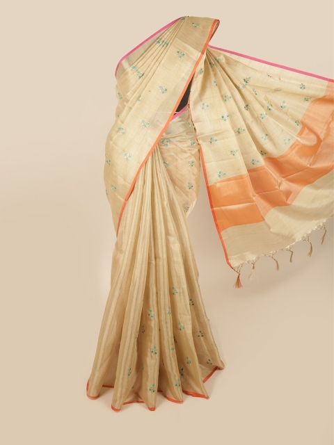 

Pothys Gold-Toned & Blue Floral Embroidered Tissue Saree