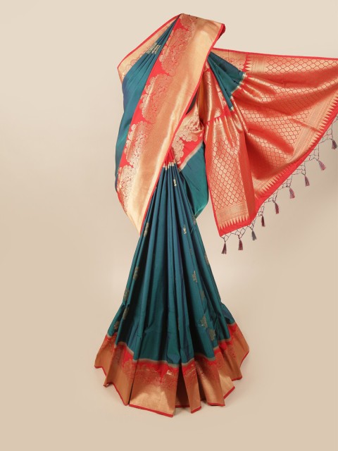 

Pothys Teal Blue & Red Woven Design Zari Art Silk Banarasi Saree