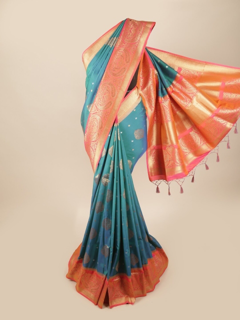 

Pothys Blue & Peach-Coloured Woven Design Zari Art Silk Banarasi Saree
