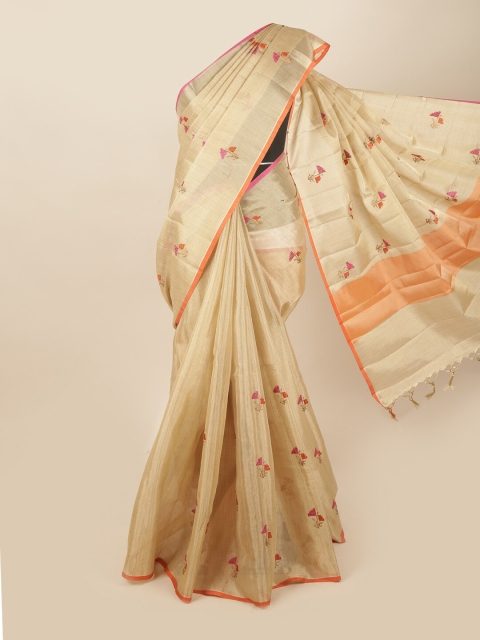 

Pothys Gold-Toned & Orange Floral Embroidered Tissue Saree