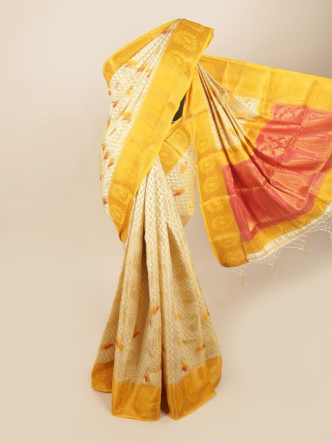 

Pothys Cream-Coloured & Pink Woven Design Zari Art Silk Banarasi Saree