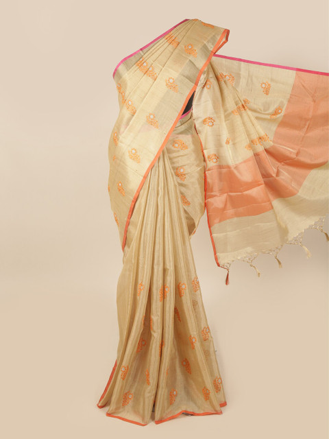 

Pothys Gold-Toned & Orange Floral Embroidered Tissue Saree