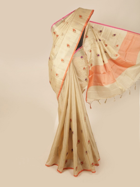 

Pothys Gold-Toned & Orange Floral Tissue Saree