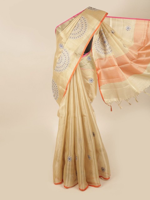 

Pothys Gold-Toned & Orange Ethnic Motifs Embroidered Tissue Saree