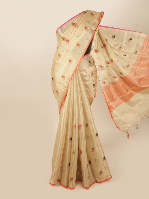

Pothys Gold-Toned & Pink Floral Embroidered Tissue Saree