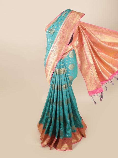 

Pothys Turquoise Blue & Pink Ethnic Motifs Zari Art Silk Banarasi Saree