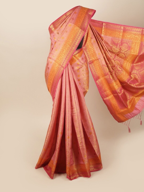 

Pothys Pink & Mustard Yellow Ethnic Motifs Zari Art Silk Banarasi Saree