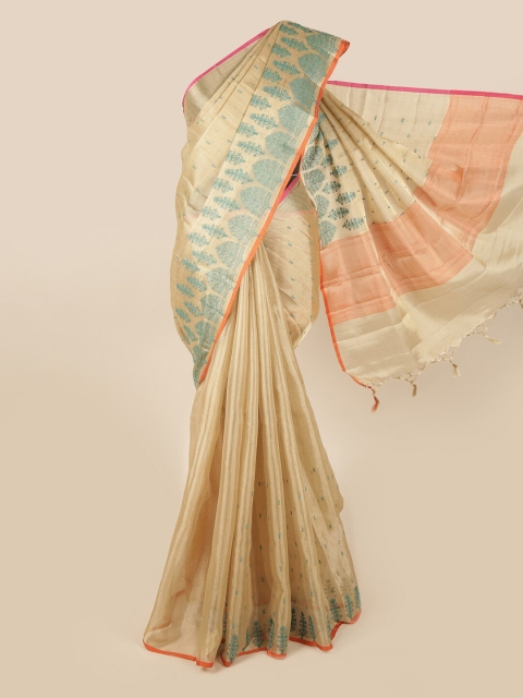 

Pothys Gold-Toned & Blue Floral Embroidered Tissue Saree