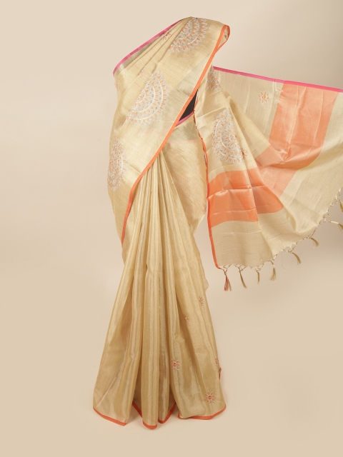 

Pothys Gold-Coloured & Orange Ethnic Motifs Embroidered Tissue Saree