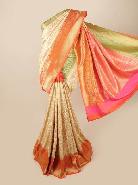 

Pothys Cream-Coloured & Orange Woven Design Zari Art Silk Banarasi Saree