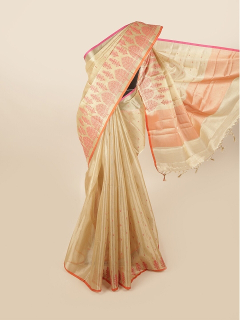 

Pothys Gold-Toned & Orange Ethnic Motifs Embroidered Tissue Saree