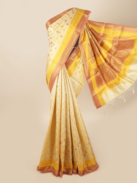 

Pothys Cream-Coloured & Yellow Ethnic Motifs Zari Art Silk Banarasi Saree