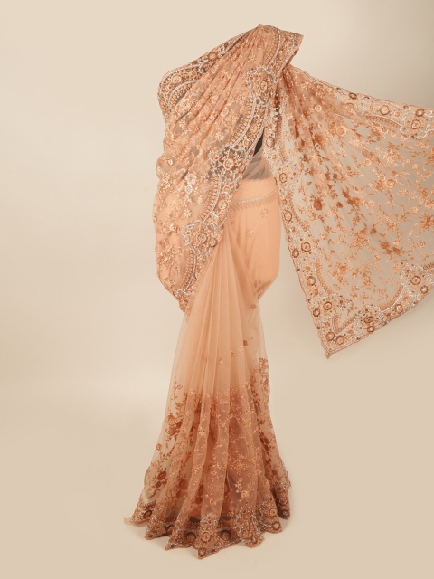 

Pothys Peach-Coloured Ethnic Motifs Beads and Stones Net Heavy Work Saree
