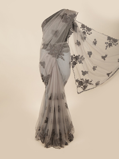 

Pothys Grey Floral Embroidered Net Saree