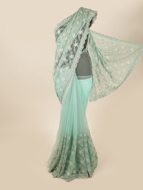 

Pothys Green & Silver-Toned Floral Net Saree