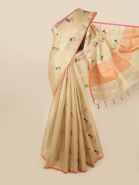 

Pothys Gold-Toned & Orange Floral Embroidered Tissue Saree