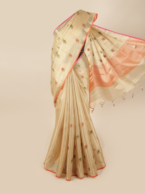 

Pothys Gold-Toned & Orange Floral Embroidered Tissue Saree