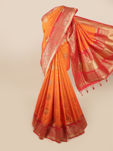 

Pothys Orange & Red Ethnic Motifs Zari Art Silk Banarasi Saree