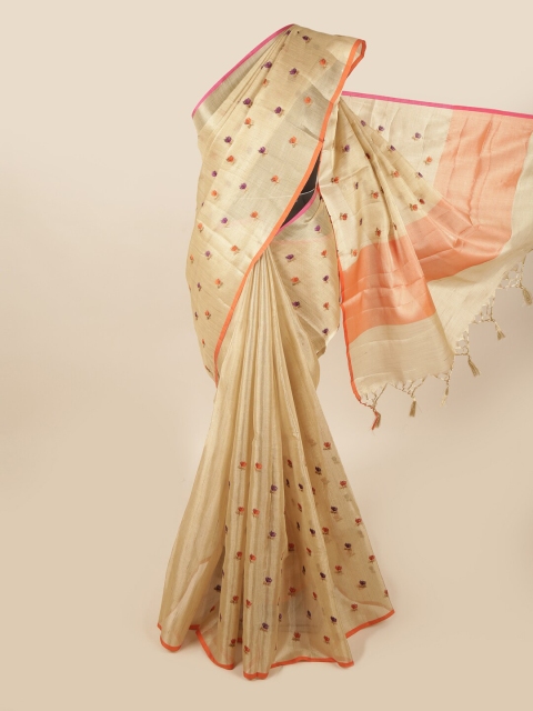 

Pothys Gold-Toned & Orange Ethnic Motifs Embroidered Tissue Saree