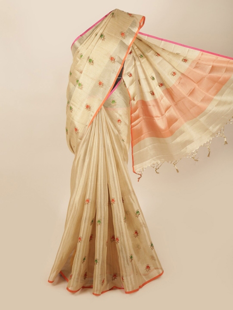 

Pothys Gold-Toned & Orange Floral Embroidered Tissue Saree