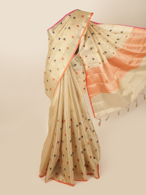 

Pothys Gold-Toned & Orange Floral Embroidered Tissue Saree